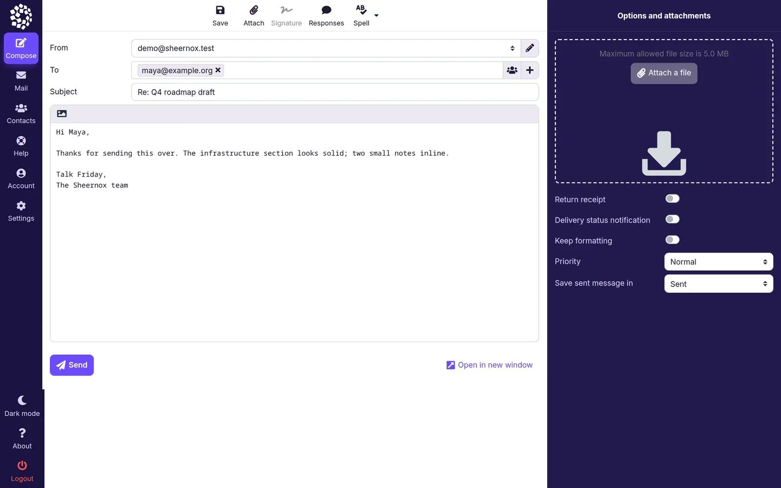 Sheernox Mail compose window with recipient, subject, message body, and attachment panel