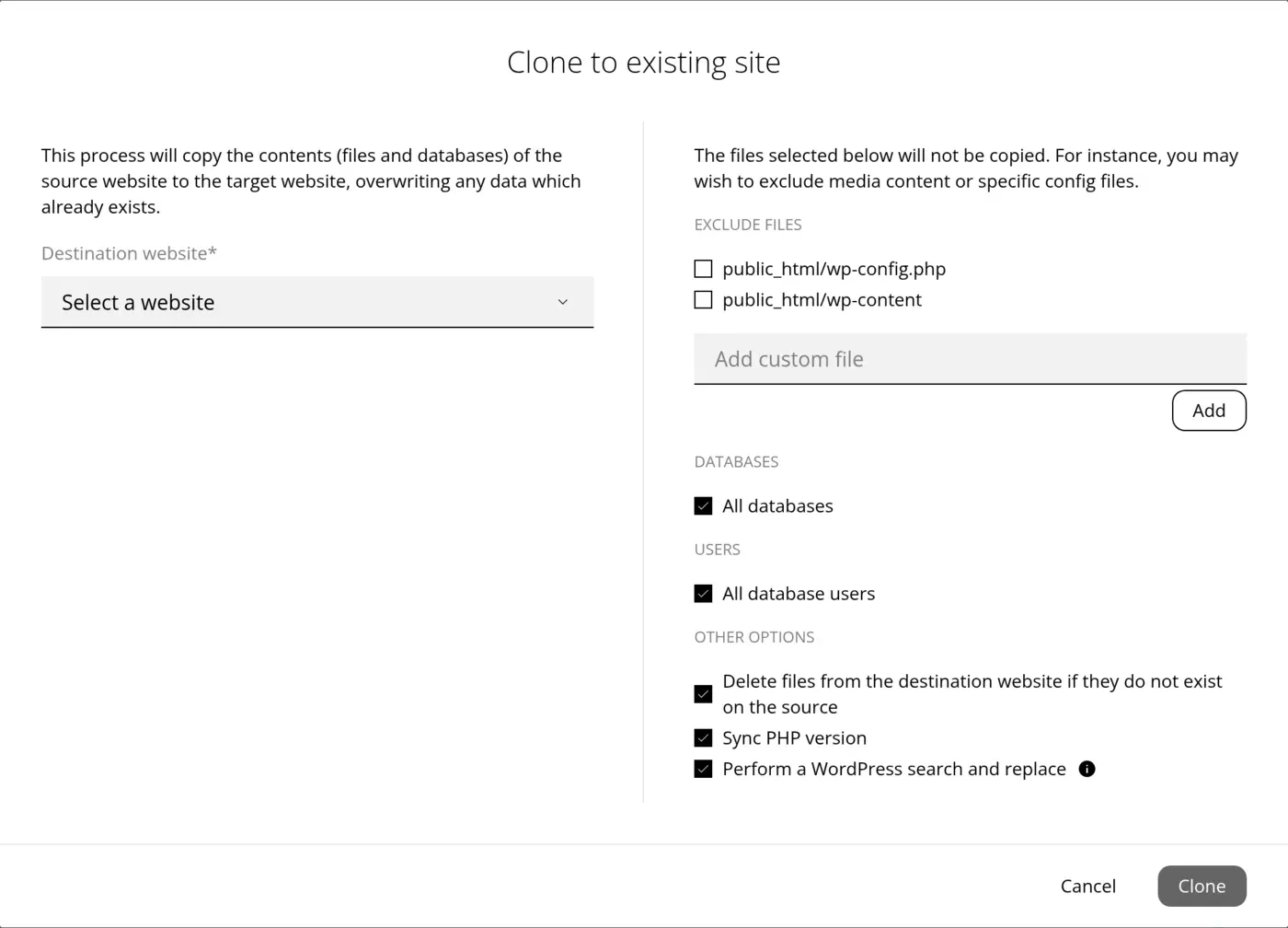 Clone to existing site dialog with database, user, PHP version, and WordPress search and replace options