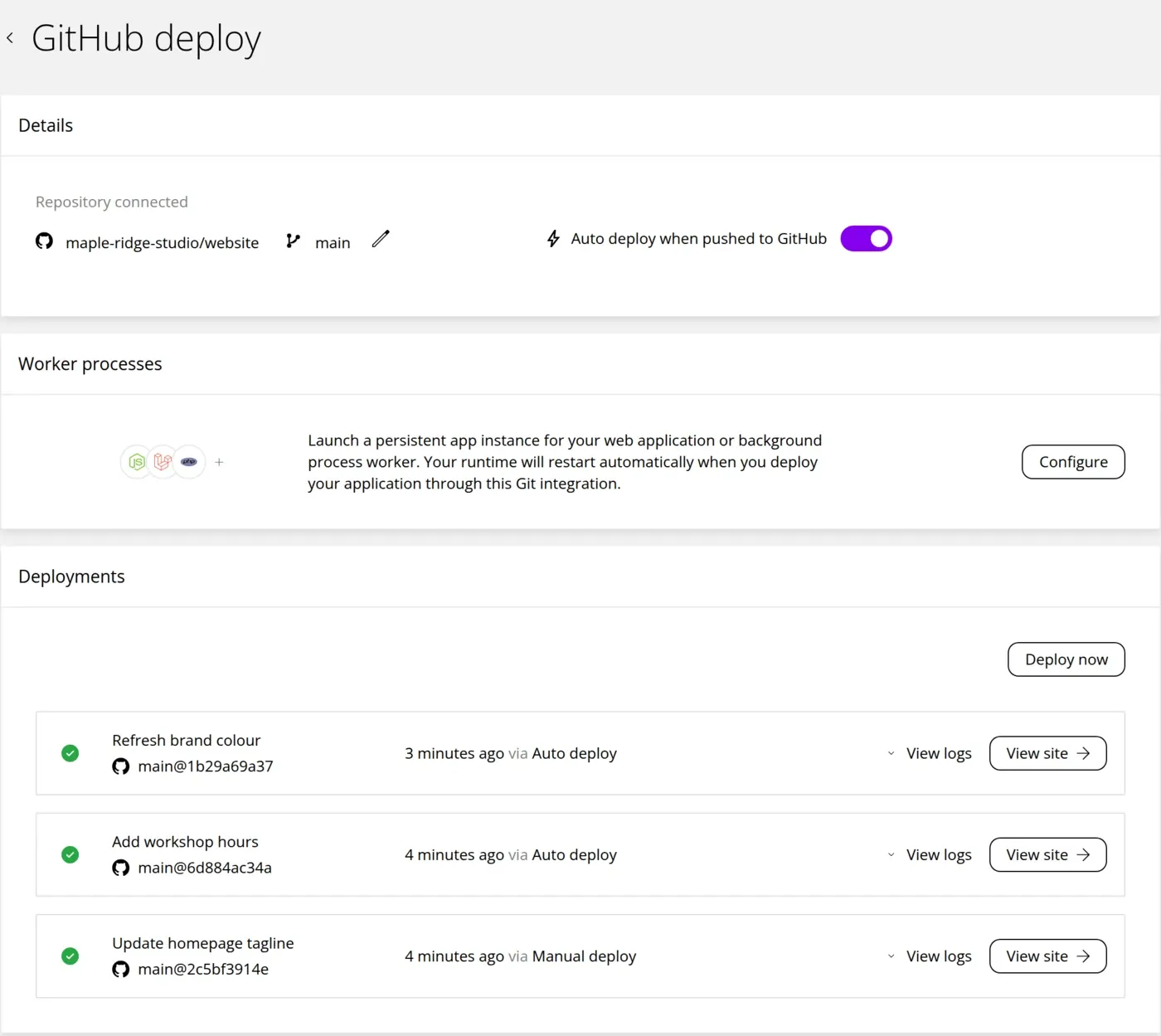 GitHub deploy page for a website with the connected repository and branch, auto deploy switched on, and three successful deployments, two started automatically by a push