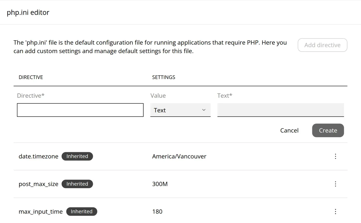 php.ini editor listing directives such as date.timezone, post_max_size, and max_input_time with their values