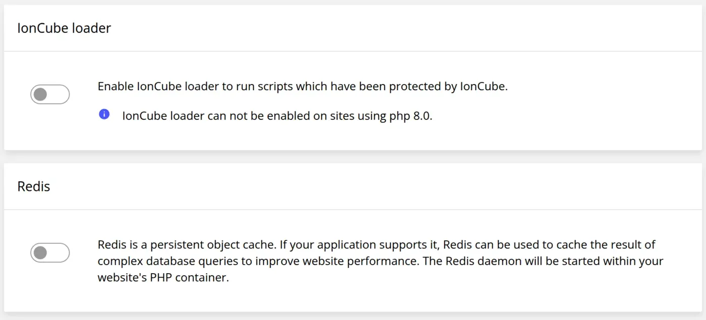 Developer tools with switches for the ionCube loader and the Redis object cache