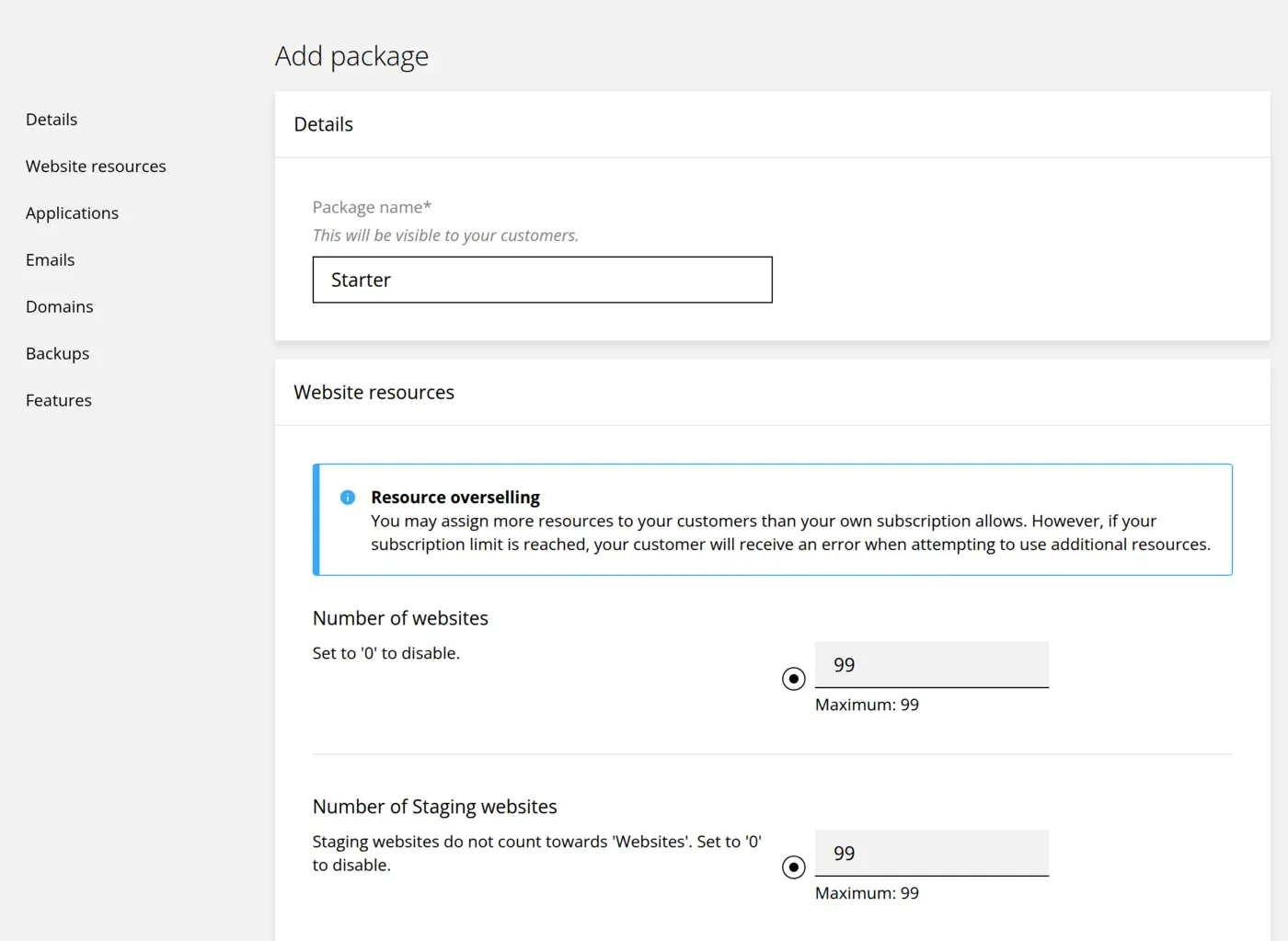 Add package form with a package name field and limits for the number of websites and staging websites