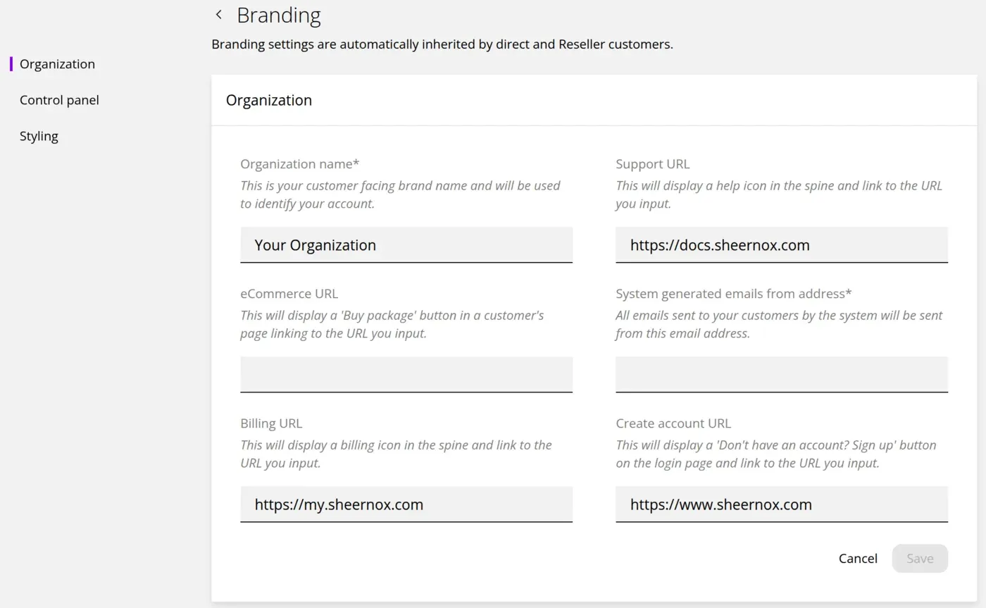 Branding settings with fields for organization name, support URL, billing URL, create account URL, and the system email from address