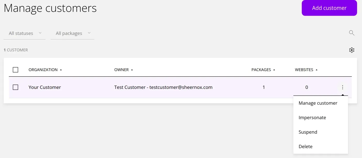 Manage customers list with a customer organization, owner, package count, and website count, and a menu to manage, impersonate, suspend, or delete