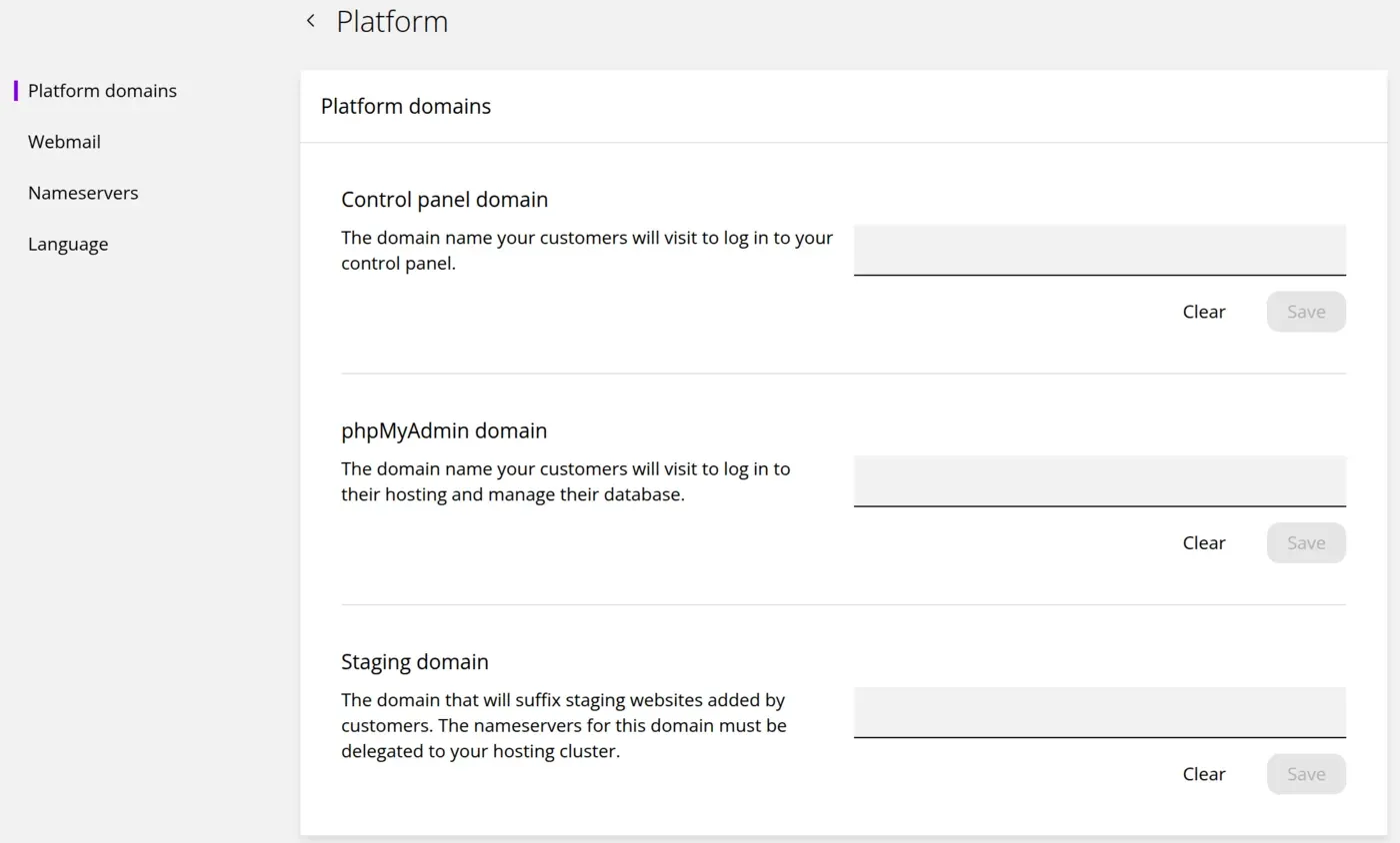 Platform domains settings with fields for the control panel domain, phpMyAdmin domain, and staging domain