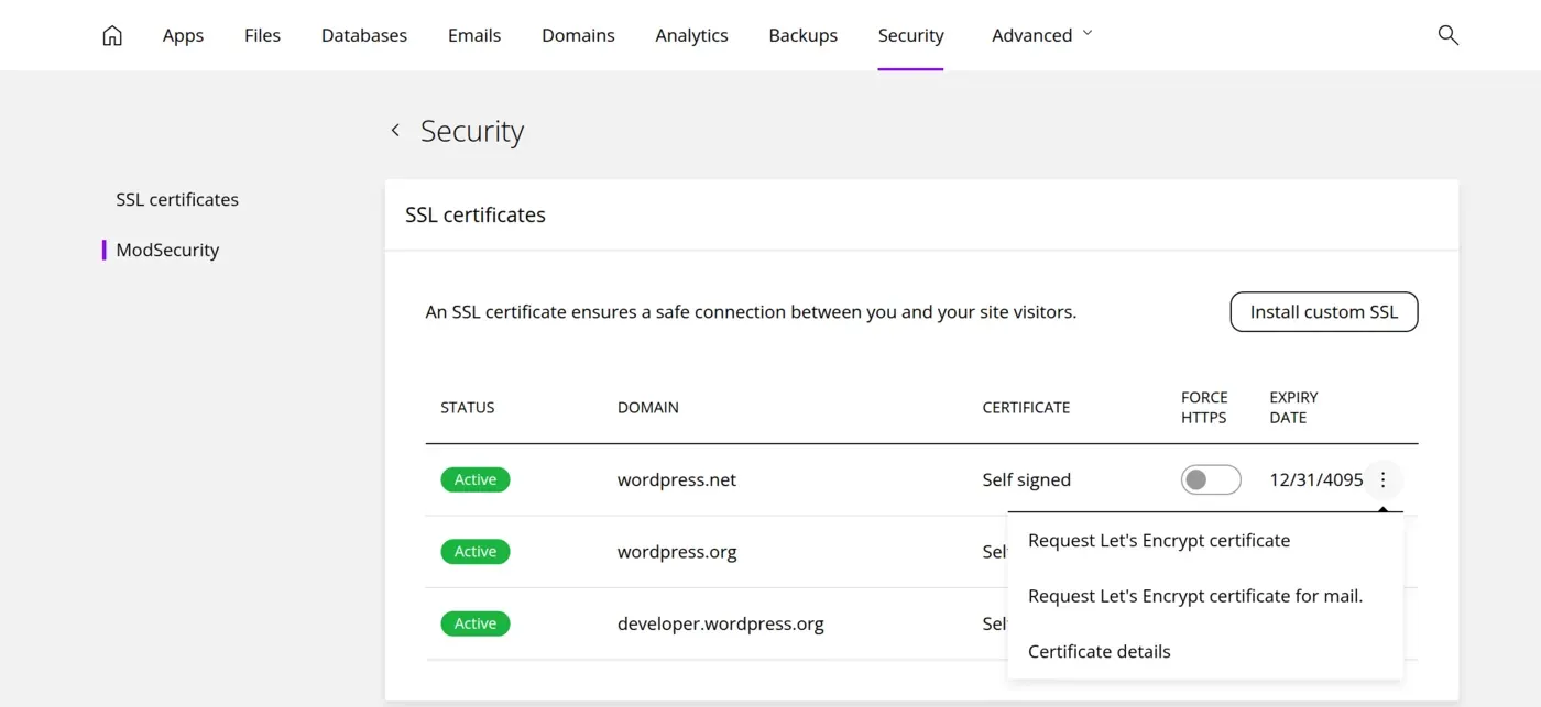 SSL certificates table with a menu to request a Let’s Encrypt certificate for a domain or for mail