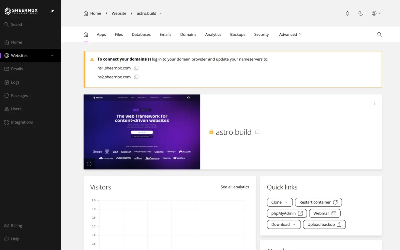 Website overview page with tabs for apps, files, databases, emails, domains, analytics, backups, and security, plus quick links