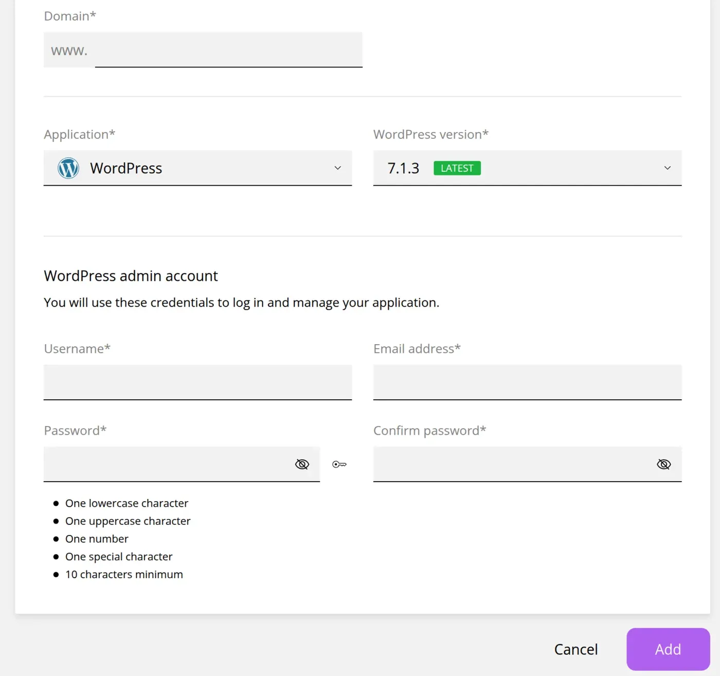 Install form with the domain, the WordPress application and version, and the WordPress admin account fields
