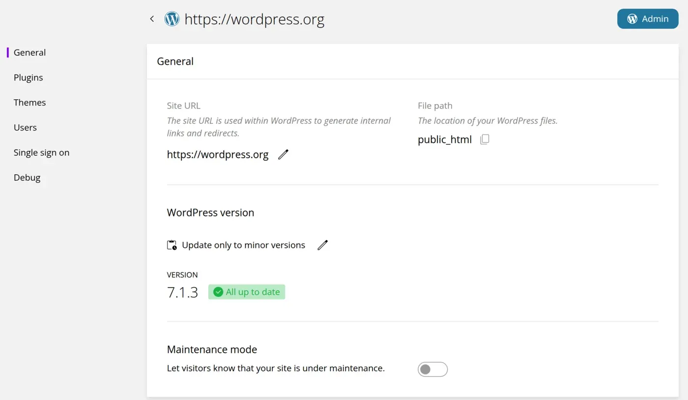 WordPress toolkit for a site with sections for plugins, themes, users, single sign on, and debug, showing the version as up to date