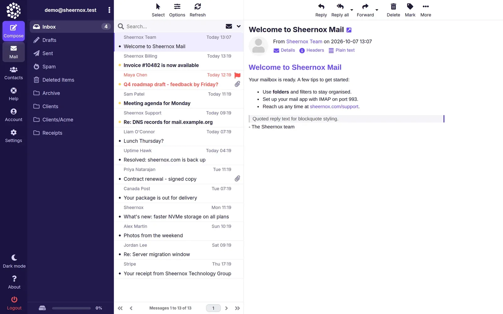 Sheernox Mail inbox with folder list, message list, and an open message