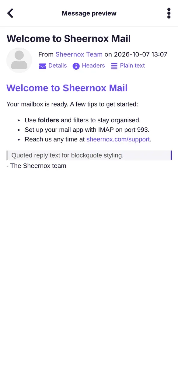 Sheernox Mail message view on a phone
