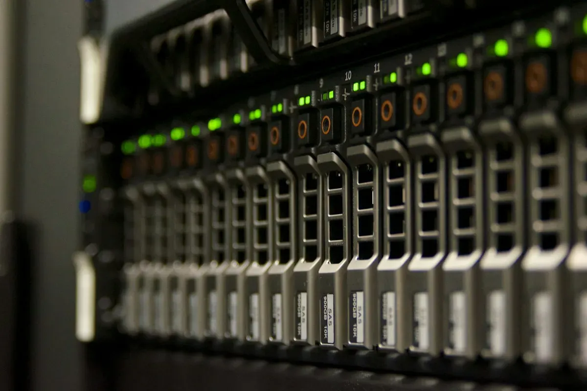 Rack of servers with rows of green status lights